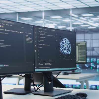 Interlinked computers in data center creating server network Interlinked computers in data center creating server network, using parallel computing to perform complex calculations and process large amounts of data, close up panning shot